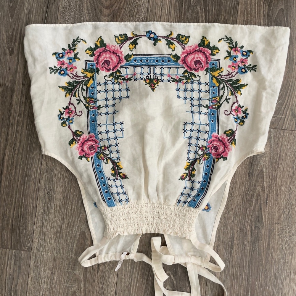 Free People Cross Stitch Floral Tube Top Cream Boho Smocked Strapless